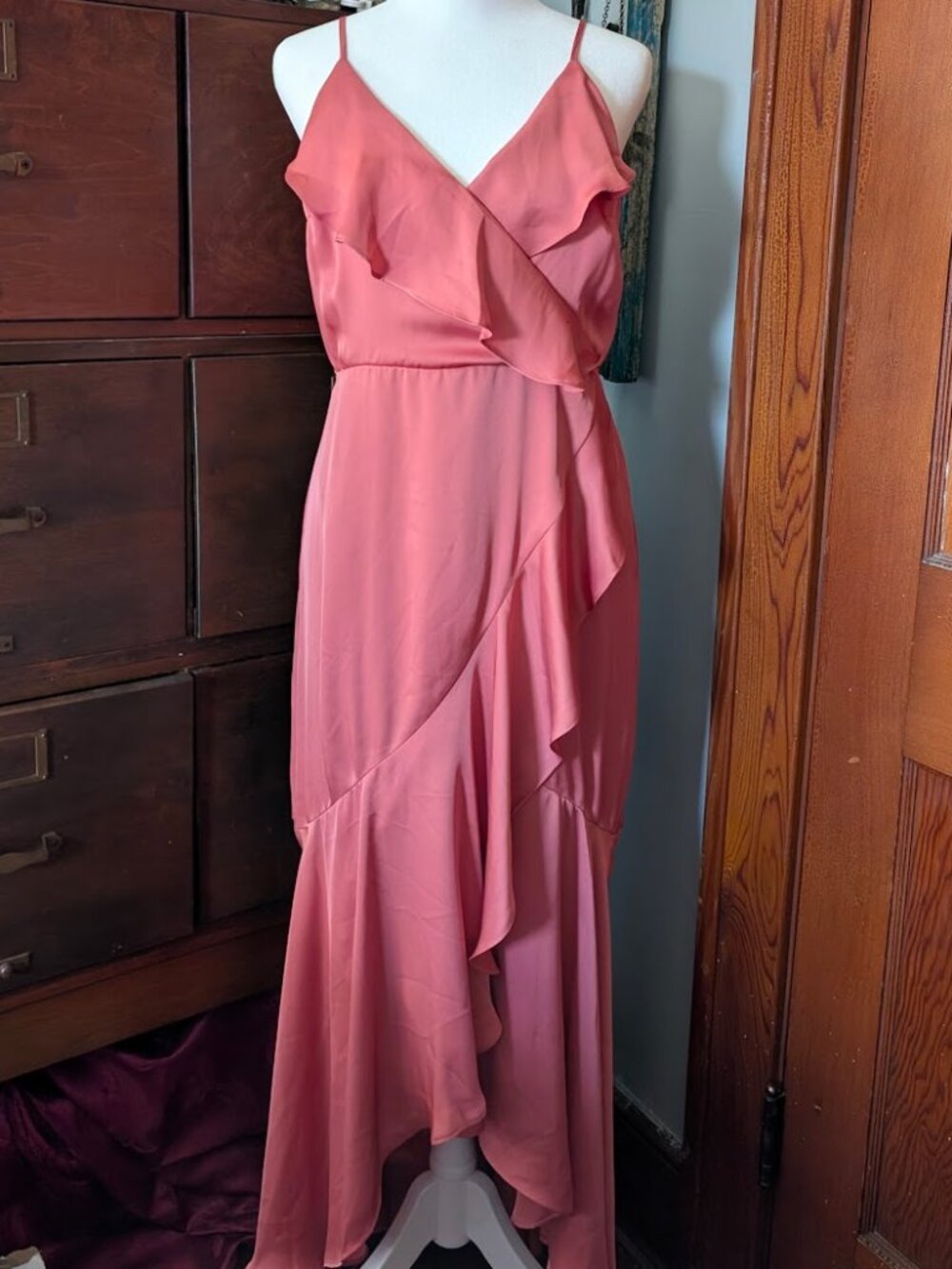 Express size medium pink waterfall ruffle evening dress worn once